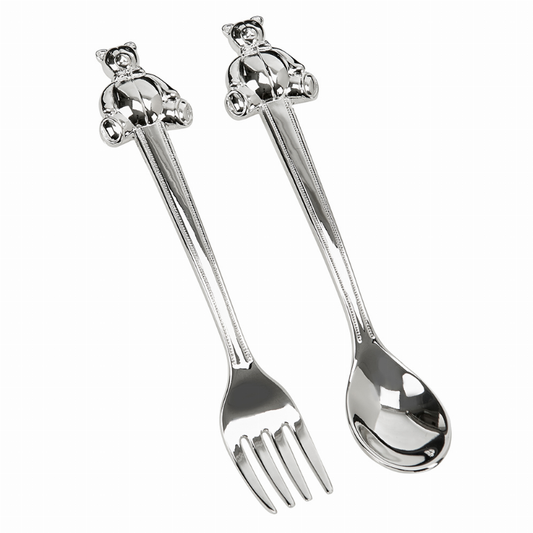 Baby Spoon & Fork with Teddy Handle, Nickle Plated