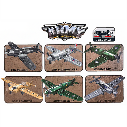 WWII Fighter Plane Building Brick Pull-Back Display Set-2