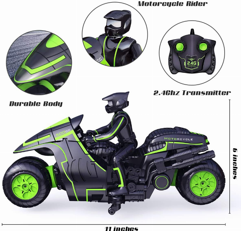 1:10 Scale Stunt MotoRCycle With 2.4 Ghz Remote Rechargeable Batteries - Green-8